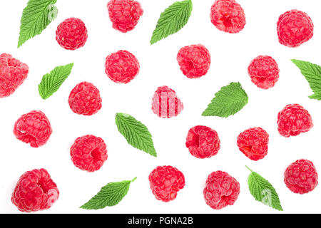 raspberries with leaves isolated on white background. Top view. Flat lay pattern Stock Photo