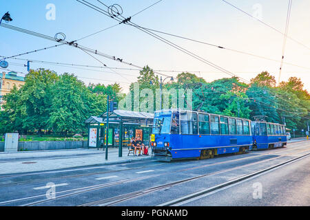 KRAKOW, POLAND - JUNE 11, 2018: The trams are the most common transport in the city, with numerous old but in good condition ones, on June 11 in Krako Stock Photo