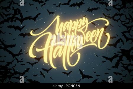 Halloween glowing night background with bats. Calligraphy, Lettering. Vector illustration Stock Vector