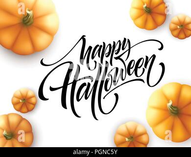 Halloween lettering with pumpkin isolated on white background. Vector illustration Stock Vector