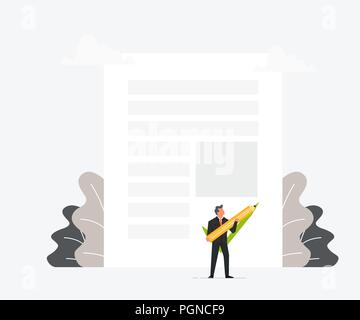 Businessman holding pen or pencil and puts his signature in the contract. Vector illustration flat design. Successful achievement. Stock Vector