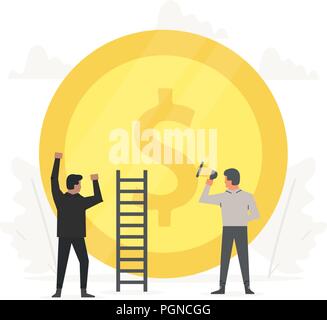 Business illustration people are building a gold coin. Innovation technology start up. Success, champion, victory, money. Stock Vector