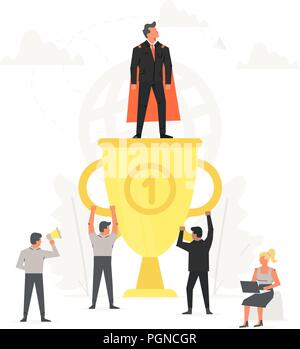 Successful and young businessman on big gold trophy. Super man standing on large cup. People are happy for winner. Vector startup business illustration. Stock Vector