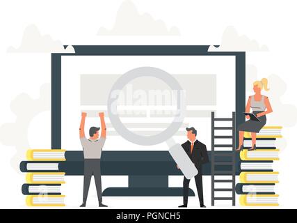 Vector illustration of computer under a magnifying glass on screen with small office people around it. Monitor with books, concept of internet learning, job search, online finance, financial success. Stock Vector