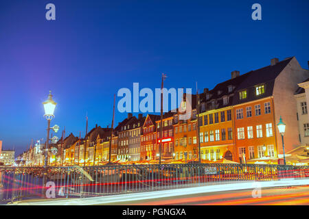 Copenhagen night city skyline at Nyhavn harbour, Copenhagen Denmark Stock Photo