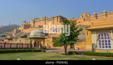 Jaipur, India - Nov 3, 2017. Amber Fort with the garden in Jaipur, India. Nostalgic Amber Fort is one of the most well-known and most-visited forts in Stock Photo