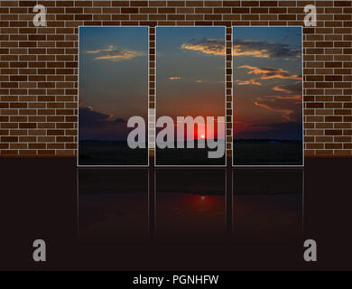 on the floor near the brick wall triptych photo with crimson red sunset over the hill with a black silhouette of an ancient tower and building Stock Photo