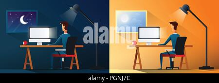 Daily life of tired businessman or designer at work. Exhausted office worker on his desk working day and night time Stock Vector