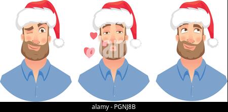 Businessman in Santa Claus hat. Man emotions set. Face of man with beard vector illustration Stock Vector