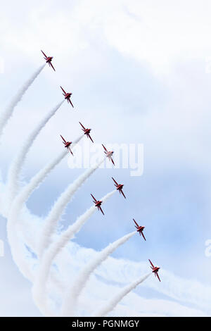 Royal Air Force Aerobatic Team, The Red Arrows, perform over RAF Syerston, 22 August 2018. Stock Photo