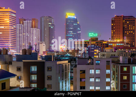 BANGKOK, THAILAND - JULY 14: Night view of hotels and modern city high rise city buildings in the Ratchada area on July 14, 2018 in Bangkok Stock Photo