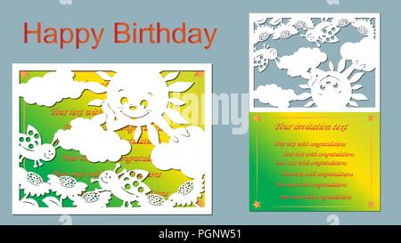 vector, laser-beam cutting, flowers, bugs, clouds, sun. Greeting card. laser cut Stock Vector