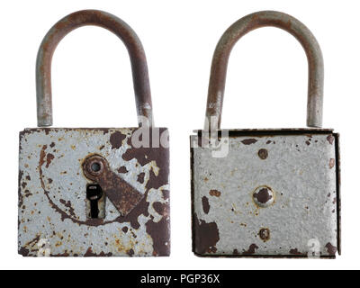 A vintage rusty door lock was stained with gray enamel. Isolated on white macro set Stock Photo
