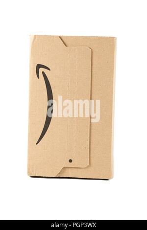 Parcel from Amazon on isolated white background Stock Photo