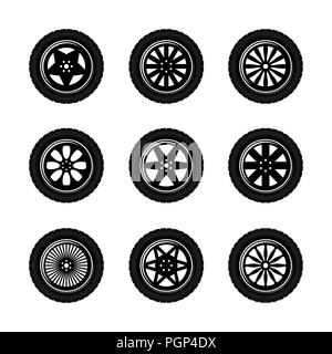 Set of nine wheels with tire tracks silhouettes Stock Vector