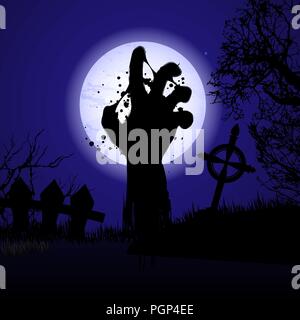 Dark blue halloween background with zombie hand in cemetery Stock Vector