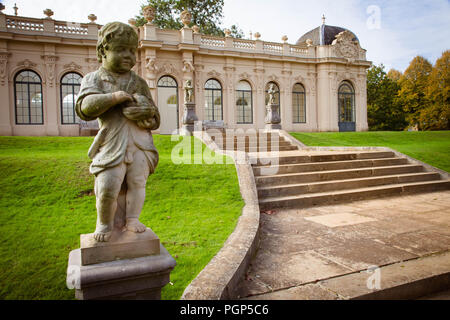 October 2015 - a statue of a boy and pavillion in Wrest park, a country estate located in Silsoe, Bedfordshire, England; its architecture follows the  Stock Photo