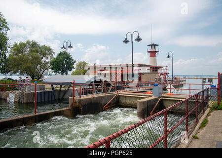 Flooding along the Yahara Lakes requires the Tenney Locks to be open to release flood water from Lake Mendota. Madison, Wisconsin, USA. Stock Photo