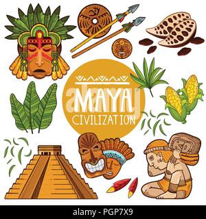 Set of icons for ancient Maya culture Stock Vector