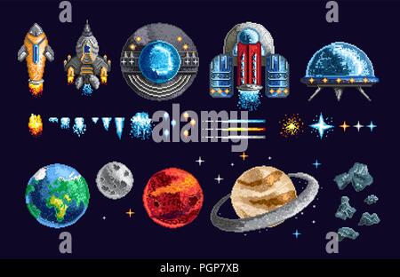 Pixel design of spacecrafts and planets Stock Vector