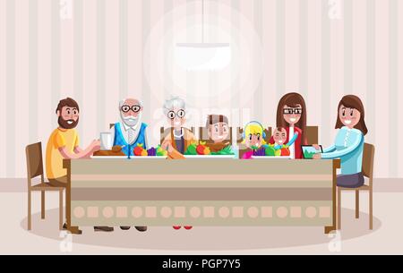 Cheerful cartoon family having dinner Stock Vector