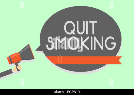 Conceptual hand writing showing Quit Smoking. Business photo showcasing Discontinuing or stopping the use of tobacco addiction Man holding megaphone l Stock Photo