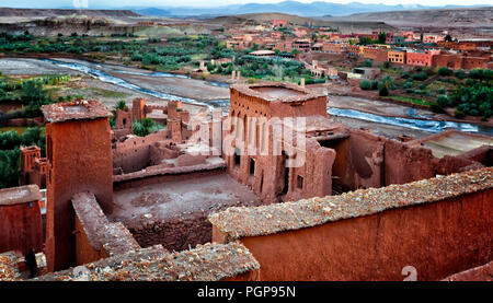 Morocco aerial view of famous kasbah Ait Benhaddou, where many movies were filmed, including Lawrence of Arabia. Beautiful historic place on a river. Stock Photo