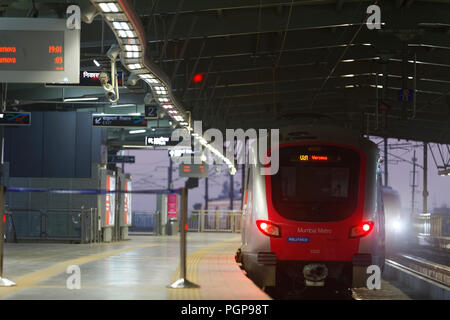 Mumbai Metro train interior and exterior. Comfortable, modern , fast, new & air conditioned way of transport in Mumbai India,