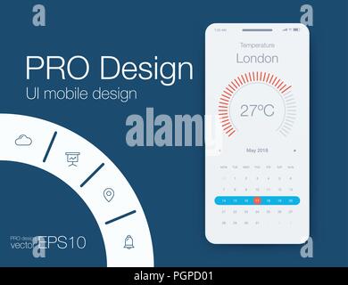 Weather Mobile UI kit. Material Design UI, UX, GUI. Responsive web design Stock Vector