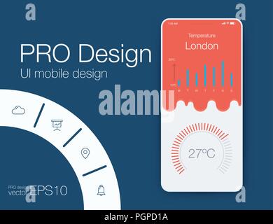 Weather Mobile UI kit. Material Design UI, UX, GUI. Responsive web design Stock Vector