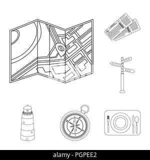 Rest and travel outline icons in set collection for design. Transport, tourism vector symbol stock  illustration. Stock Vector