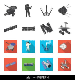 The space station in orbit, the preparation of the launch rocket, the lunar rover on the surface. Space technology set collection icons in black,flet  Stock Vector