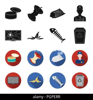 Broken TV monitor, banana peel, fish skeleton, garbage bin. Garbage and trash set collection icons in black,flet style vector symbol stock illustratio Stock Vector