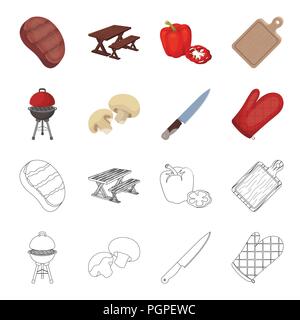 Barbeque grill, champignons, knife, barbecue mitten.BBQ set collection icons in cartoon,outline style vector symbol stock illustration, Stock Vector