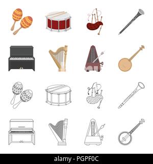 Banjo, piano, harp, metronome. Musical instruments set collection icons in cartoon,outline style vector symbol stock illustration . Stock Vector