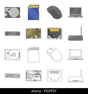 Keyboard, router, motherboard and connector. Personal computer set collection icons in cartoon,outline style vector symbol stock illustration . Stock Vector