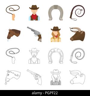 Head of a horse, a bull head, a revolver, a cowboy girl. Rodeo set collection icons in cartoon,outline style vector symbol stock illustration . Stock Vector