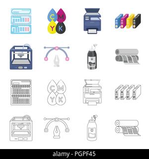 3D printer, newspaper printer, ink, pen. Typography set collection icons in cartoon,outline style vector symbol stock illustration . Stock Vector