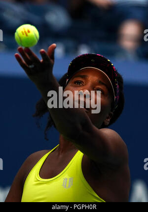 New York, United States. 27th Aug, 2018. Flushing Meadows, New York - August 27, 2018: US Open Tennis: Venus Williams of the Unites States prepares to serve to her opponent Svetlana Kuznetsova of Russia during their first round match during opening day at the US Open in Flushing Meadows, New York. Credit: Adam Stoltman/Alamy Live News Stock Photo