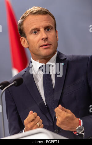 Copenhagen, Denmark - Tuesday 28th, 2018    French President Emannuel Macron is pictured during a state visit to Denmark, where he met with the Danish Prime Minister Lars Løkke Rasmussen at the country’s parliament building, Christiansborg, in Copenhagen.    © Matthew James Harrison / Alamy News Stock Photo