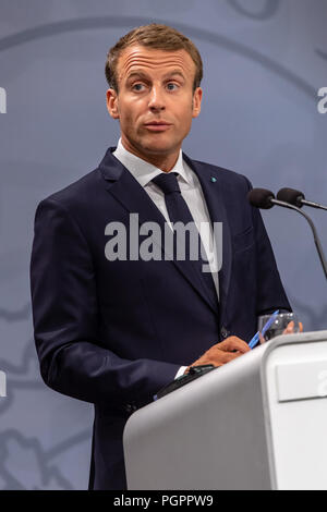 Copenhagen, Denmark - Tuesday 28th, 2018    French President Emannuel Macron is pictured during a state visit to Denmark, where he met with the Danish Prime Minister Lars Løkke Rasmussen at the country’s parliament building, Christiansborg, in Copenhagen.    © Matthew James Harrison / Alamy News Stock Photo