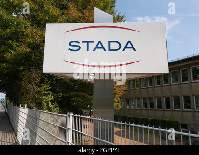 Bad Vilbel, Germany. 28th Aug, 2018. The company logo of Stada in front of one of the buildings at the headquarters of the pharmaceutical manufacturer. Credit: Frank Rumpenhorst/dpa/Alamy Live News Stock Photo