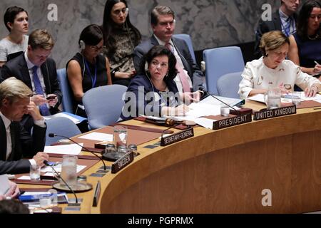 United Nations, New York, USA, August 28, 2018 - Karen Pierce, Permanent Representative of the United Kingdom and President of the Security Council for the month of August, chairs the Security Council meeting on the situation in the Middle East (Syria) today at the UN Headquarters in New York. Photo: Luiz Rampelotto/EuropaNewswire | usage worldwide Credit: dpa picture alliance/Alamy Live News Stock Photo