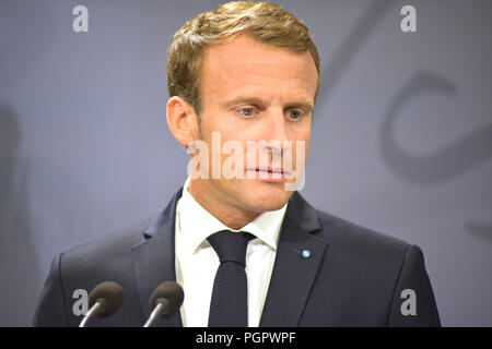 Copenhagen, Denmark. 28th Aug 2018. President of France, Emmanuel Macron, on State Visit in Denmark. French President Emmanuel Macron and Danish Prime Minister Lars Lokke Rasmussen (not in picture) in their joint press conference. Credit: HFG/Alamy Live News Stock Photo