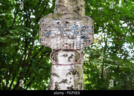 Bad Vilbel, Germany. 28th Aug, 2018. A dilapidated basketball hoop in a small playground on the banks of the Nidda. Credit: Frank Rumpenhorst/dpa/Alamy Live News Stock Photo