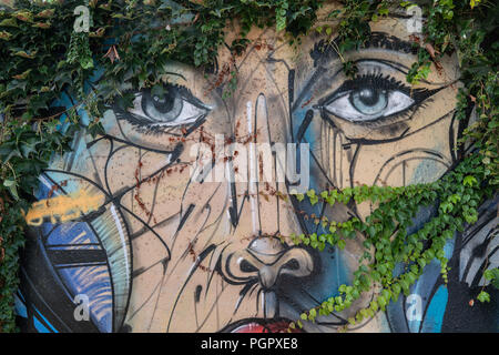 Bad Vilbel, Germany. 28th Aug, 2018. Tendrils are slowly growing into a sprayed portrait of a company building on the edge of an open-air swimming pool. Credit: Frank Rumpenhorst/dpa/Alamy Live News Stock Photo