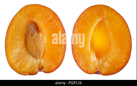 Two halves of one ripe sweet plum fruit. Isolated on white studio macro shot Stock Photo