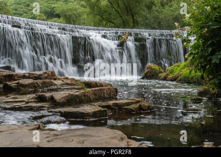 The peaceful valley of Monsal Dale in the English Peak District national park on a July morning with the River Wye, Derbyshire, England, UK Stock Photo