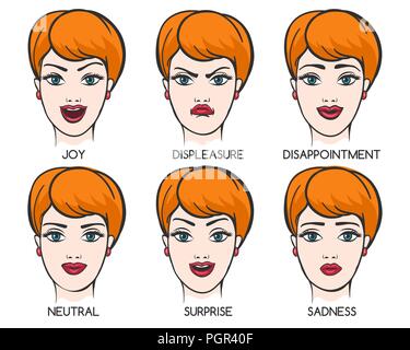 Girl with six different face expressions. Vector Illustration. Stock Vector