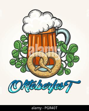 Oktoberfest Emblem with Beer mug and pretzel. Vector illustration. Stock Vector